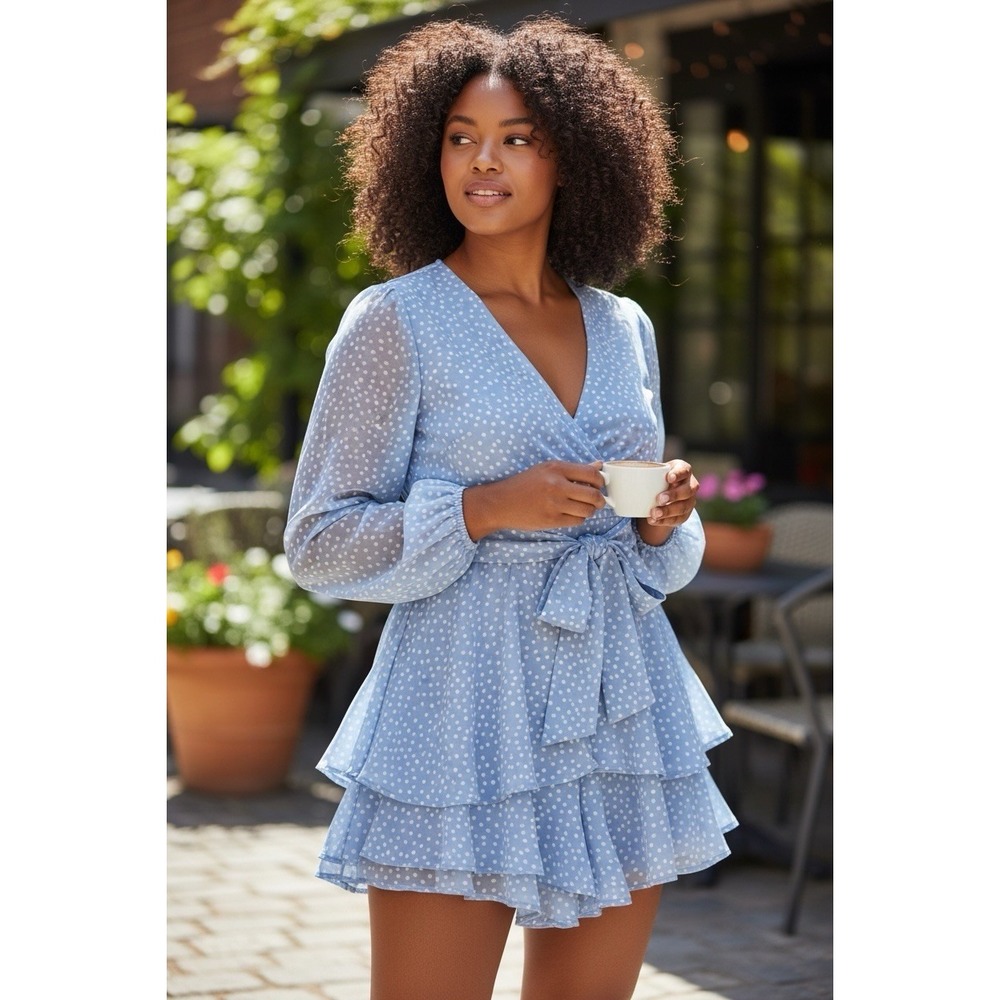 Japna Women's Size M Light Blue Polka Dot Tiered Dress Long Sleeve